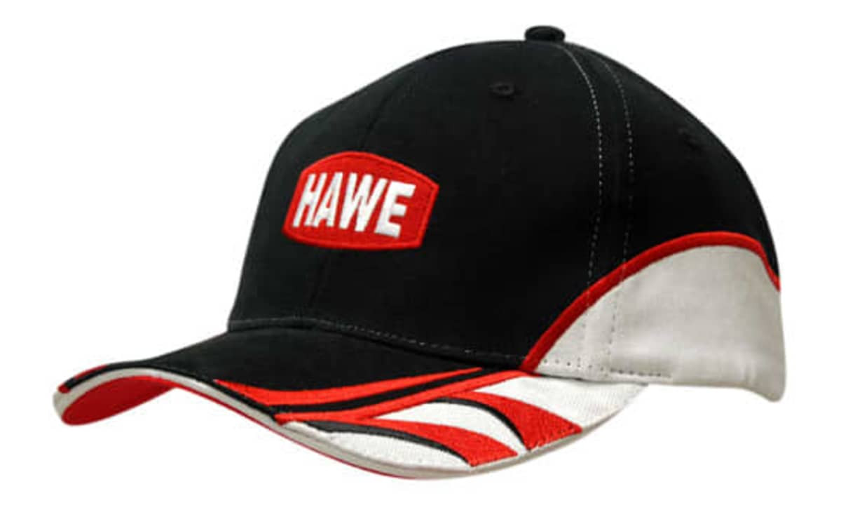 A black cap with red and white accents, featuring a logo on the front and a curved peak.