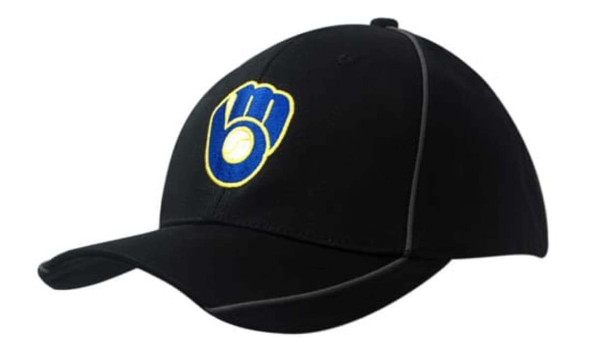 A black cap made from deluxe bull denim cotton twill, featuring piping and an embroidered logo.