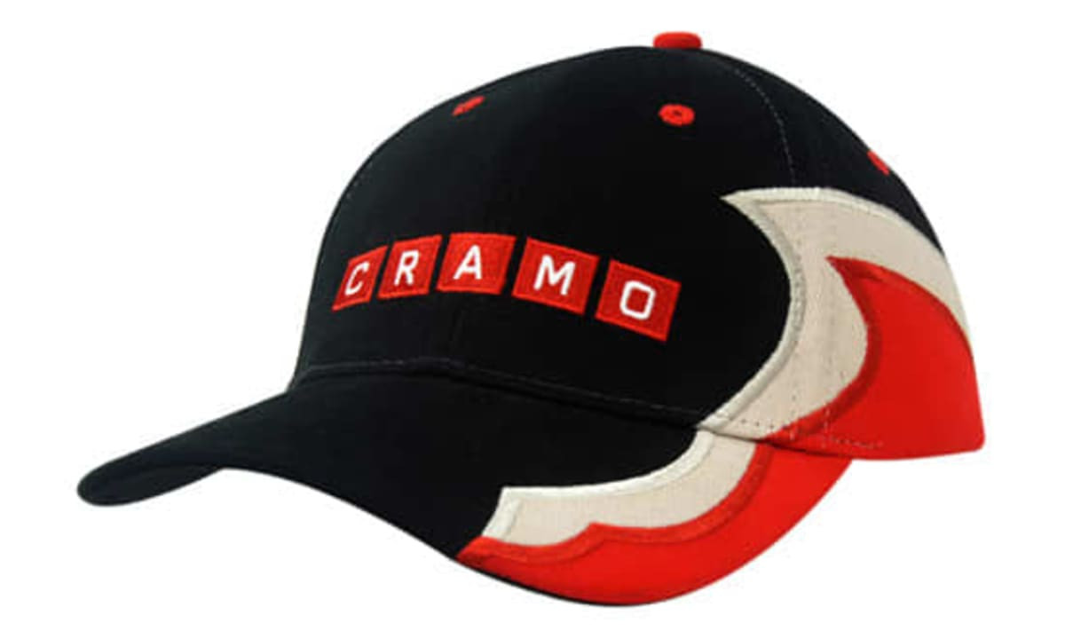 A black and red cap featuring embroidered lines on the crown and peak, with a logo on the front.