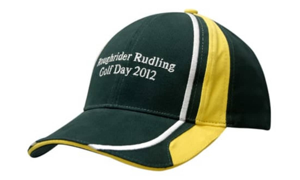 A green and yellow cap featuring fabric inserts and embroidery on the crown and peak, with a logo present.