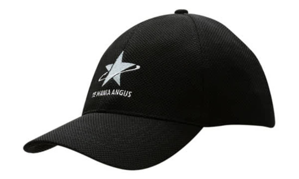 A black fitted cap made from double pique mesh, featuring a logo on the front.