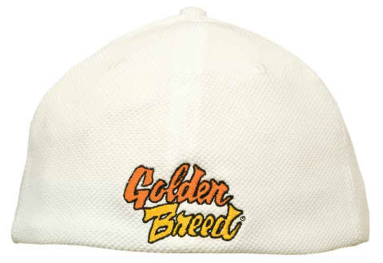 A white fitted cap featuring a logo in orange and yellow. The cap has a mesh design. A white fitted cap featuring a logo in orange and yellow. The cap has a mesh design.