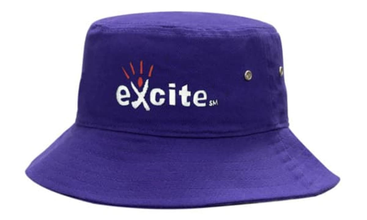A purple brushed heavy cotton bucket hat with a logo on the front and metal eyelets.