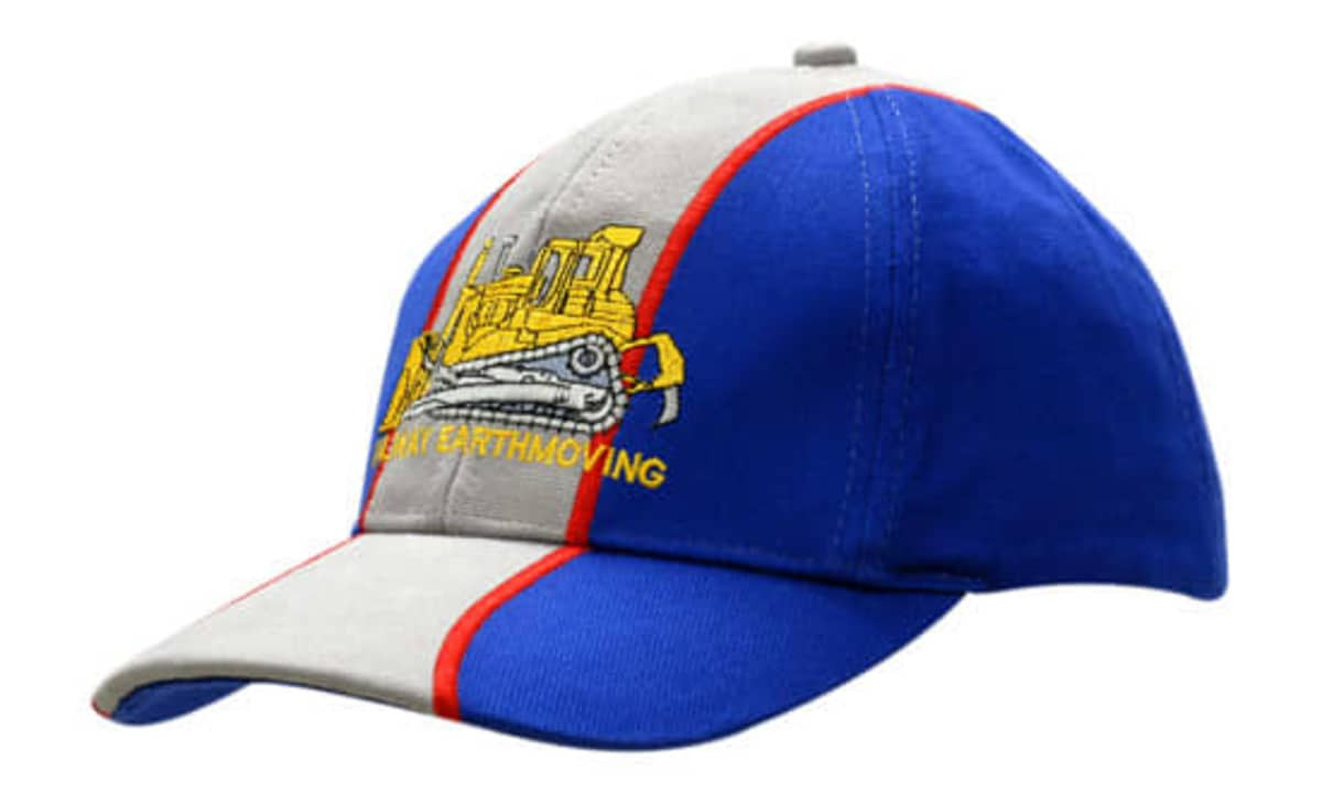 A blue and grey cap with an embroidered logo on the crown and peak, featuring a design in bright colours.