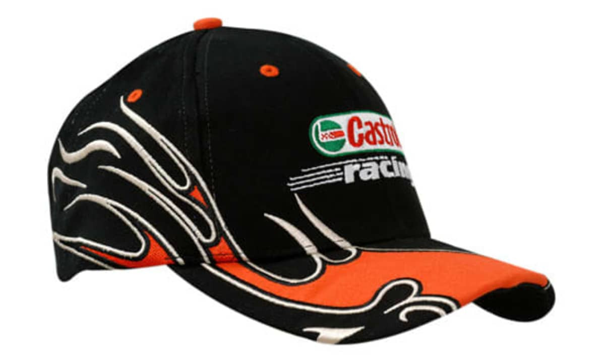 A black and orange cap featuring a flame design on the crown and peak, with a logo on the front.