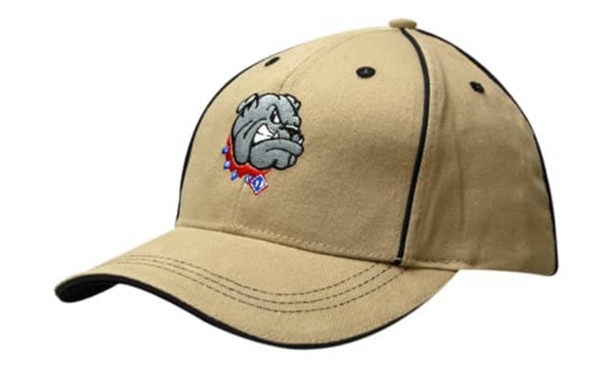 A khaki cap featuring a bulldog logo, with sandwich trim and crown piping. It has a structured design.