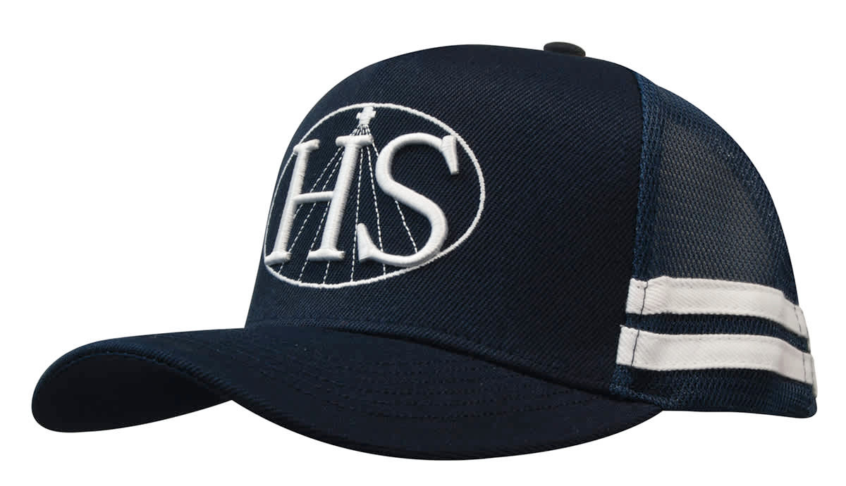 A navy trucker cap featuring mesh panels, stripes, and a logo on the front.