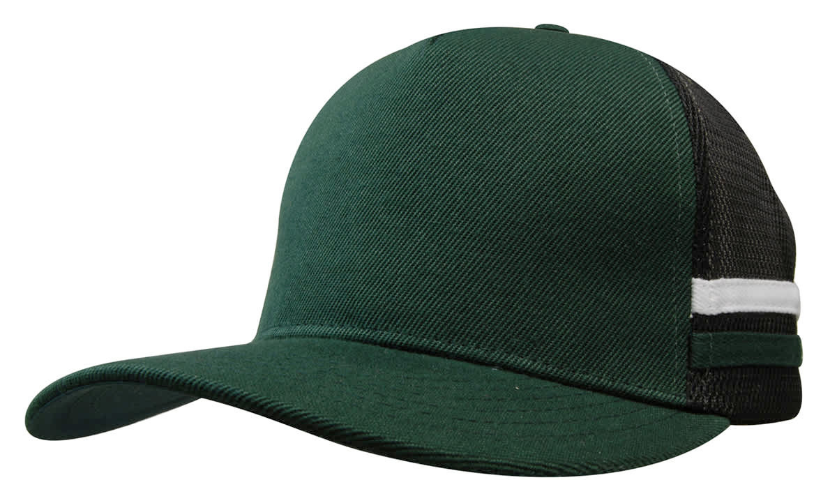A deep fit trucker cap featuring a green twill front and black mesh back with striped detailing.