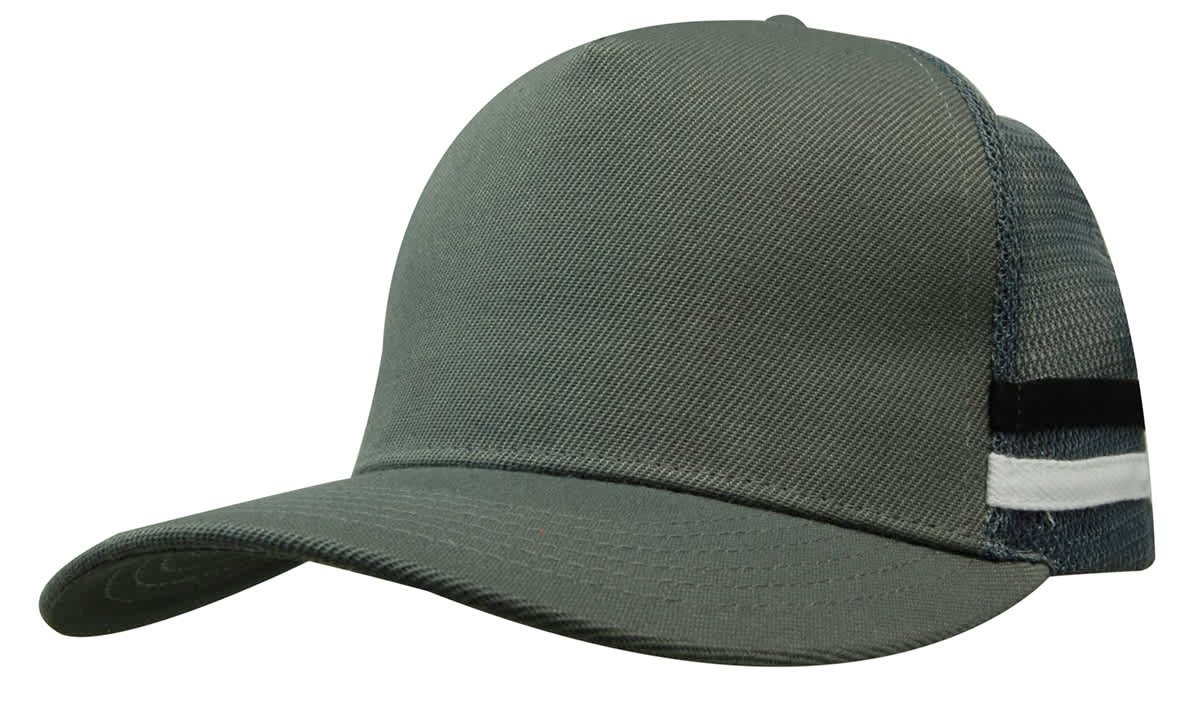 A deep fit trucker cap in grey with mesh sides and striped detailing on the back. Features a logo on the front.