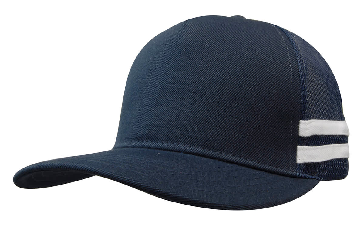 A deep fit navy trucker cap featuring a twill front and mesh sides with white stripes. Includes a logo on the front.