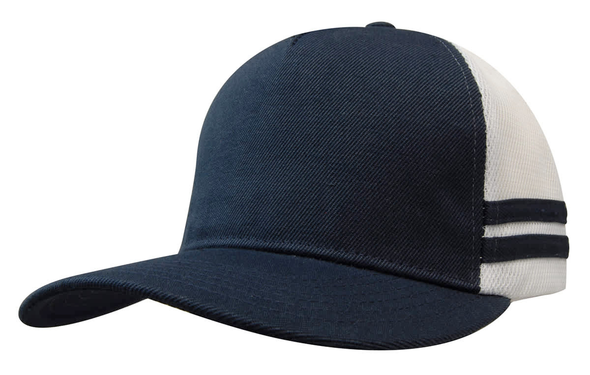 A navy twill and mesh trucker cap featuring striped details on the side and a structured fit.
