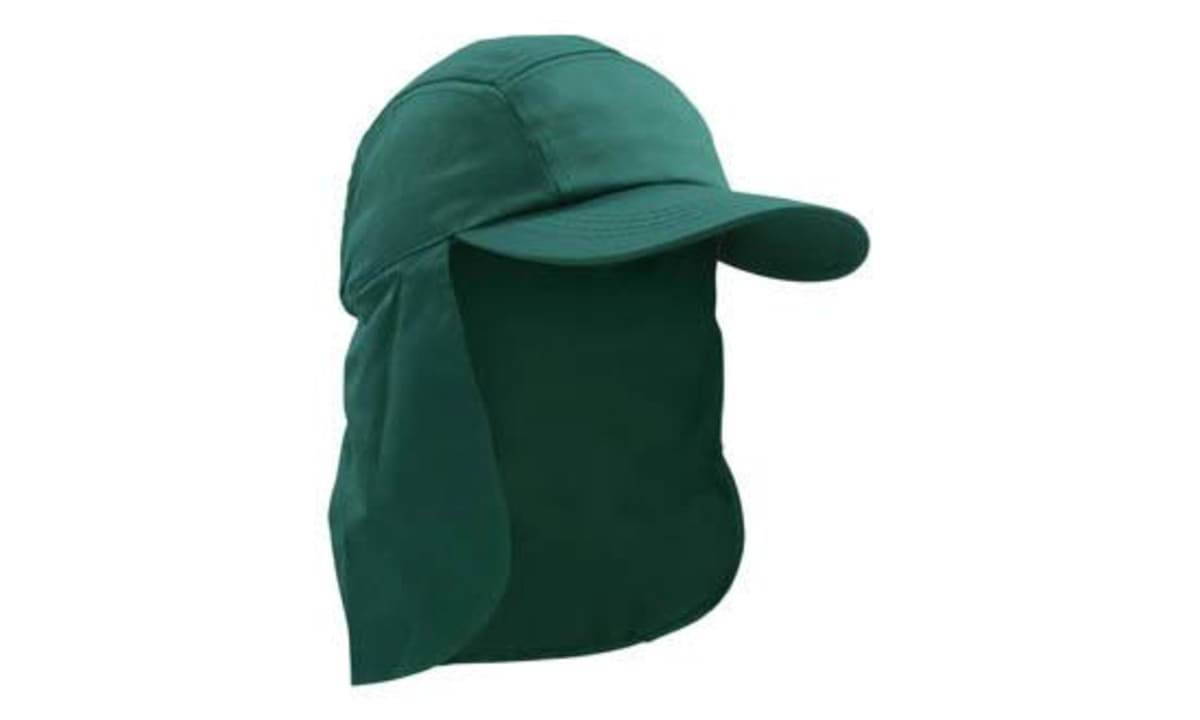 A dark green legionnaire cap with a wide brim and neck flap, featuring a logo on the front.