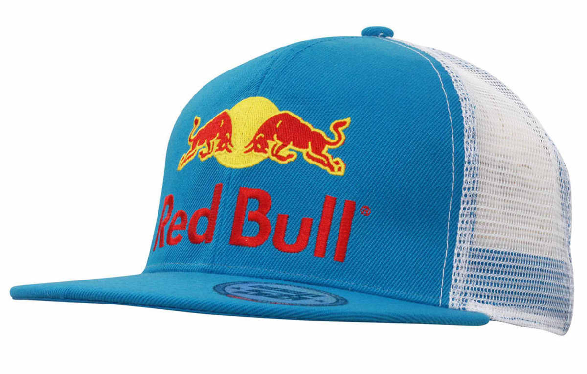 A blue cap with a mesh back, featuring a logo and branding on the front.