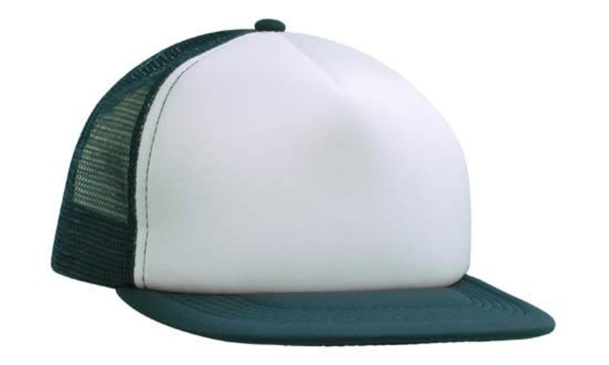 A flat peak trucker mesh cap featuring a white front and green mesh sides. Includes a logo on the front.