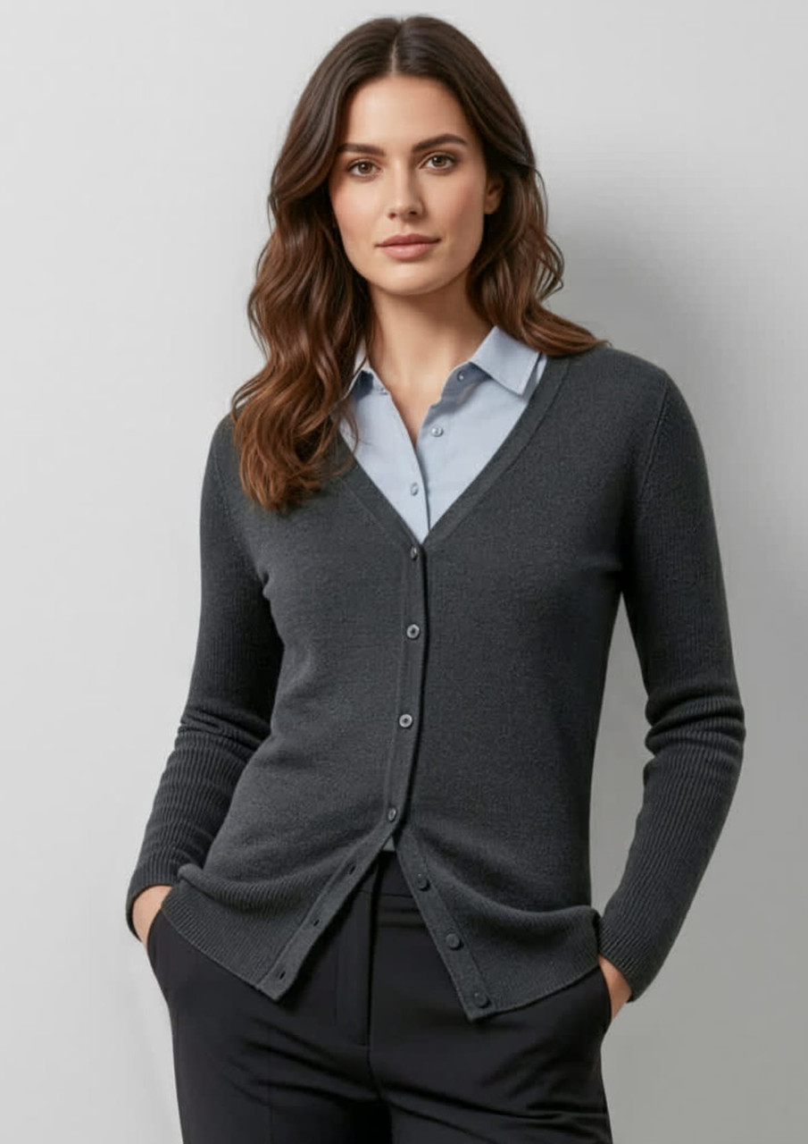 A grey women's cardigan with a V-neck, front buttons, and long sleeves, paired with a light blue shirt.