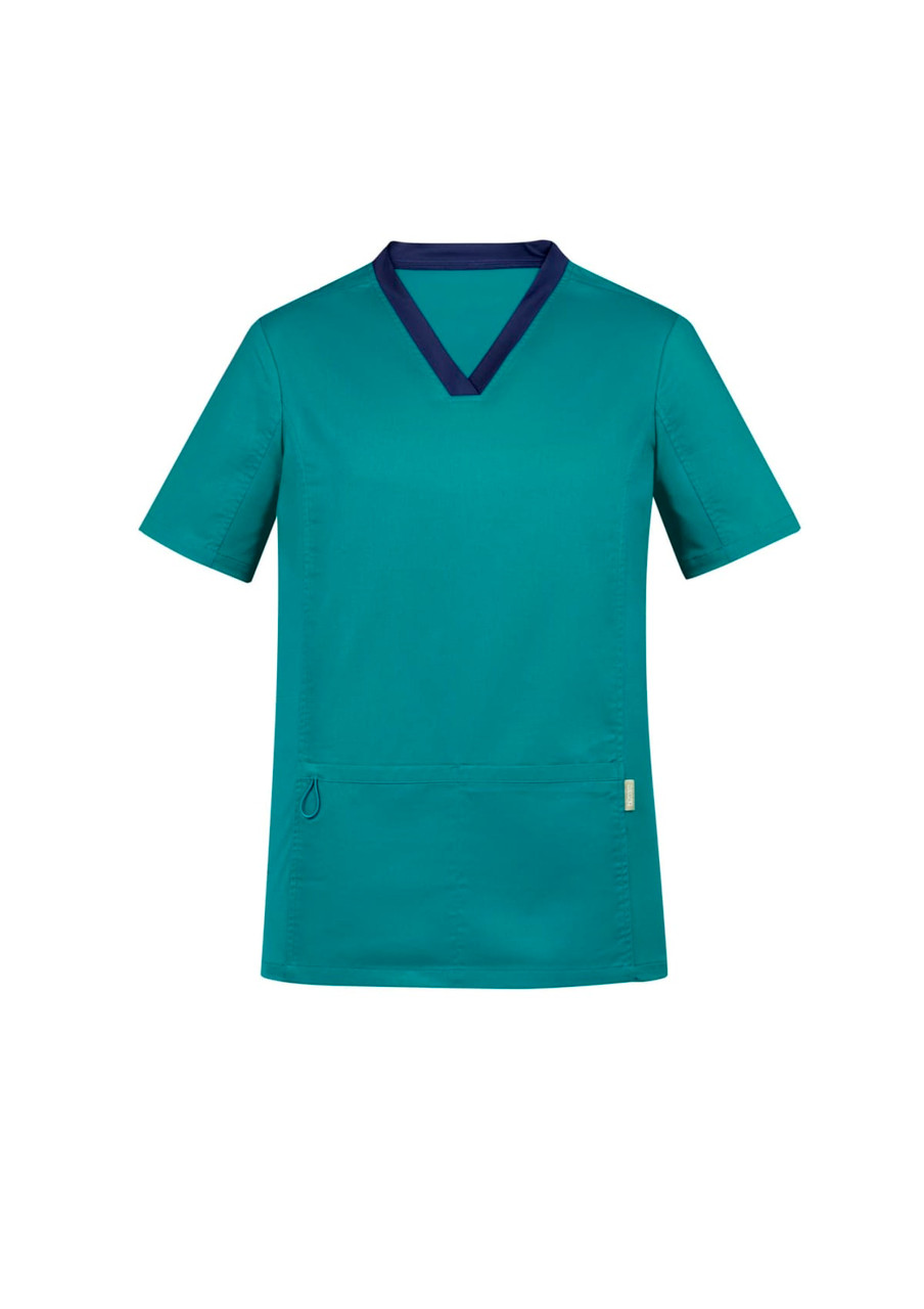 A teal scrub top with a navy collar and short sleeves, featuring a logo and a front pocket.