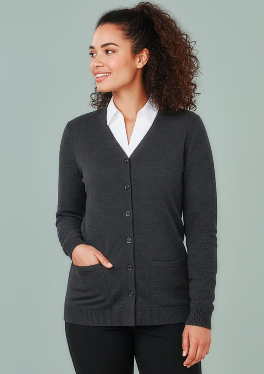 A dark grey women's button-front knit cardigan with a v-neck, long sleeves, and two front pockets.
