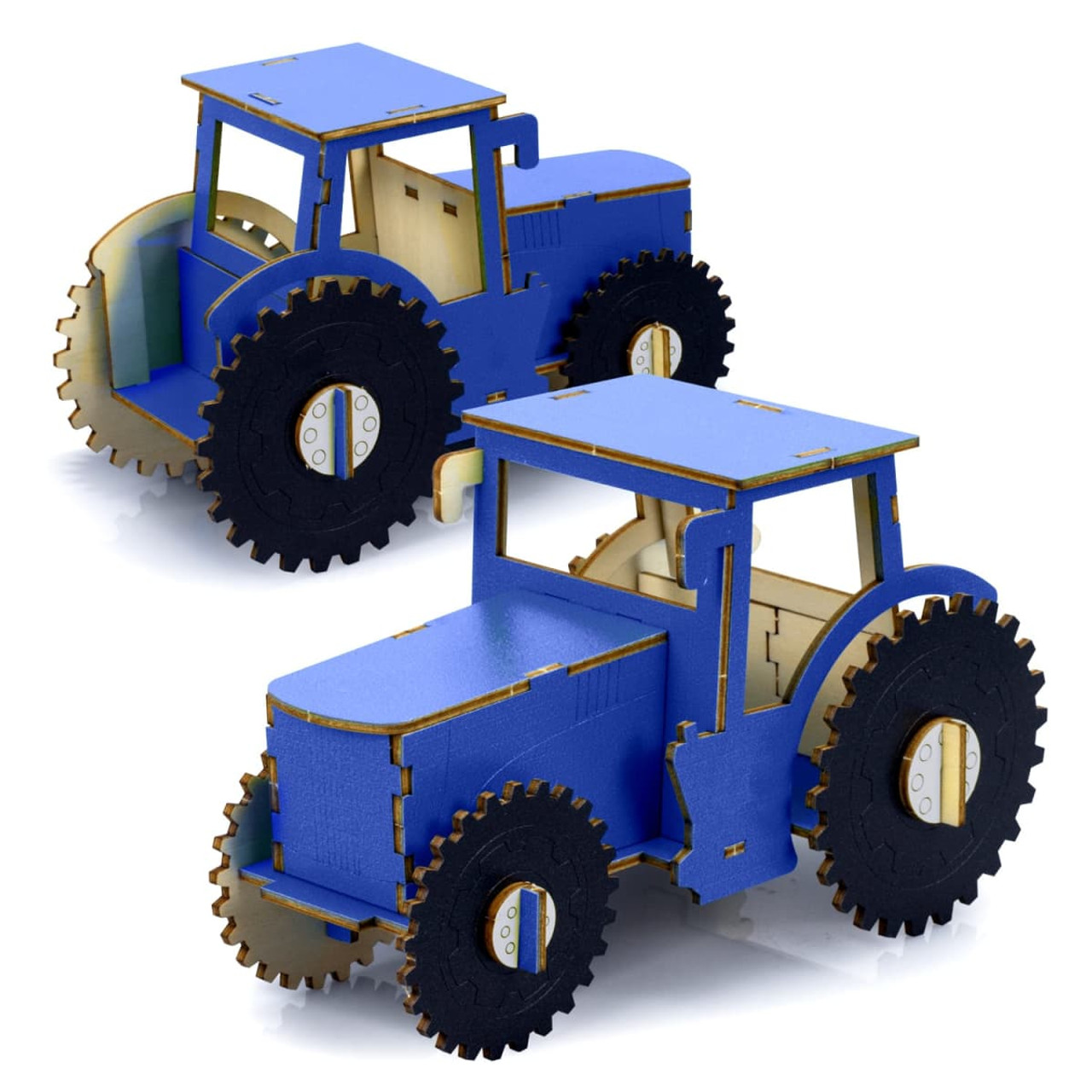 A wooden model of a blue tractor with black wheels, featuring a simple design and a visible internal structure. A wooden model of a blue tractor with black wheels, featuring a simple design and a visible internal structure.