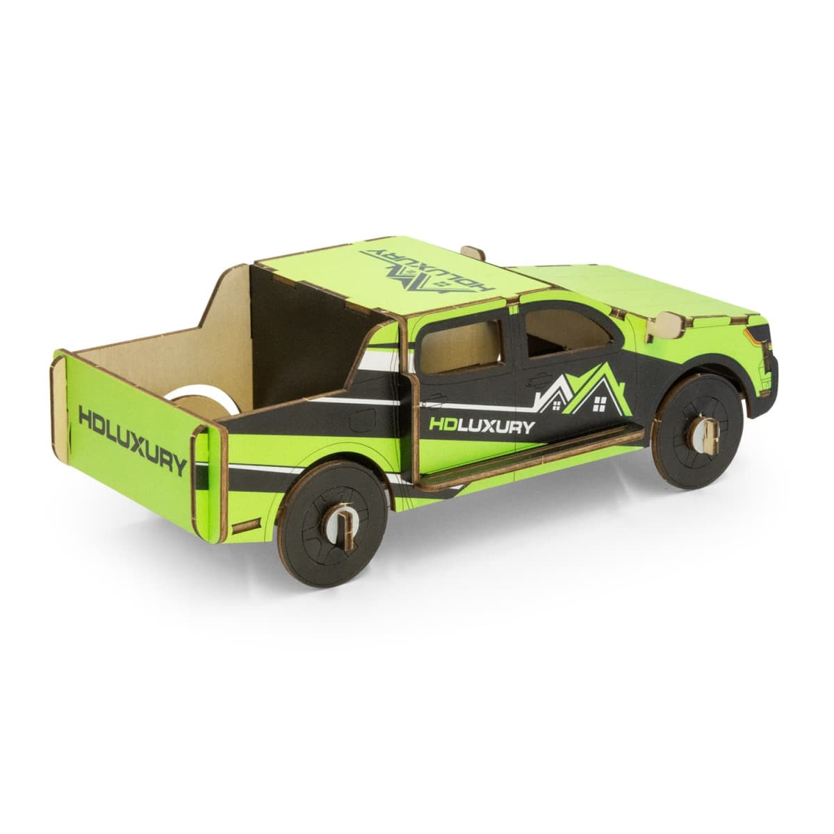 A green and black wooden model of a UTE, featuring detailed designs and a logo. Ideal novelty item for fun and games.