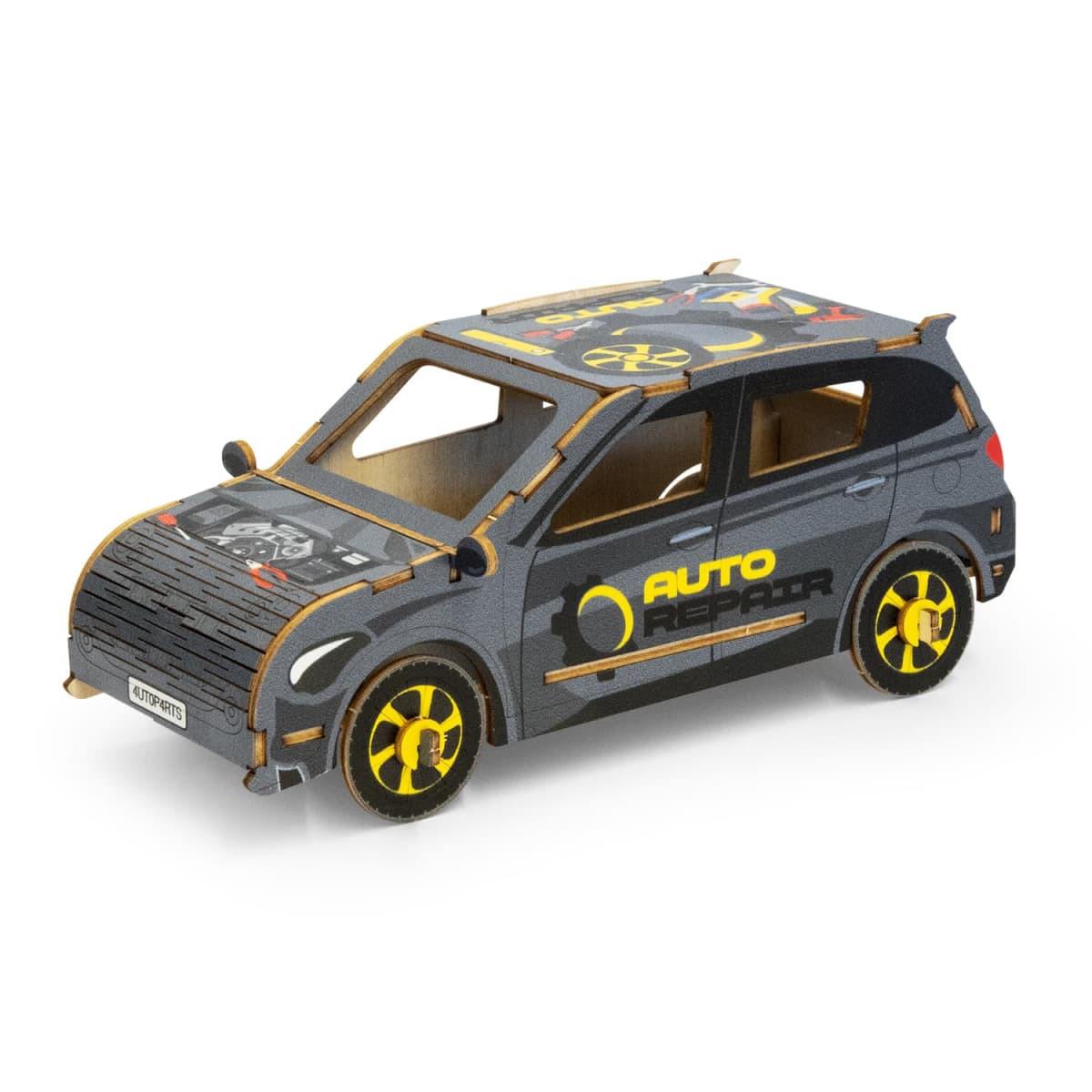 A wooden model of a hatchback car featuring black and yellow detailing, with an auto repair theme.