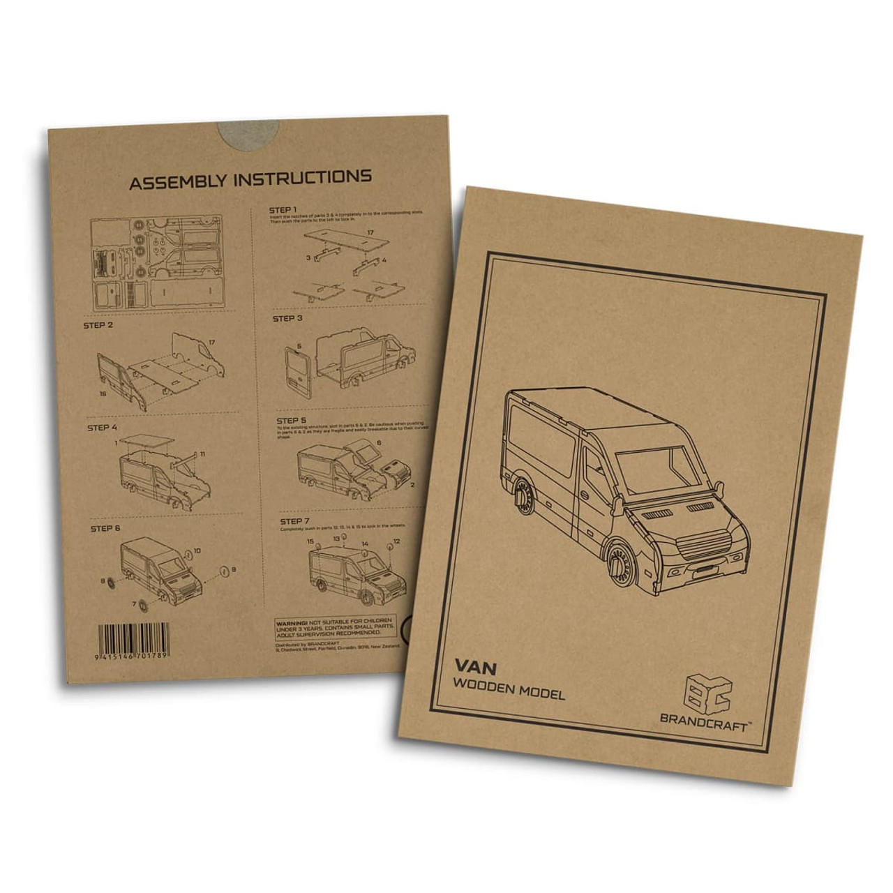 A cardboard packaging featuring assembly instructions for a wooden model van, illustrated in black on brown.