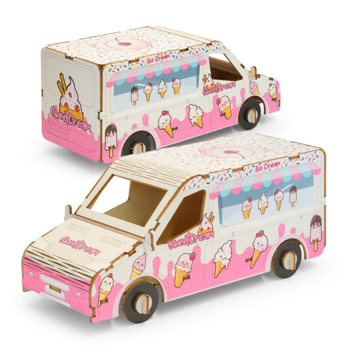 A wooden model of a pink ice cream van, featuring illustrations of ice cream cones and a logo.