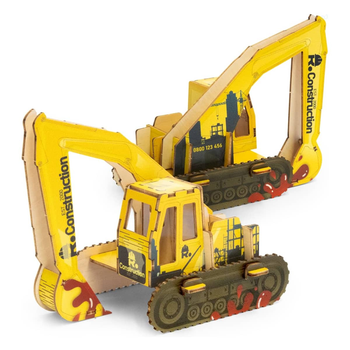 A wooden model of an excavator, featuring a yellow body and grey tracks, with a visible logo.
