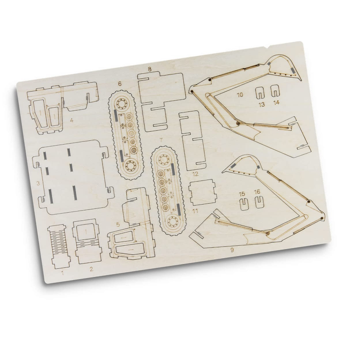 A wooden model kit for an excavator, featuring detailed cutouts and parts on a flat wooden board.