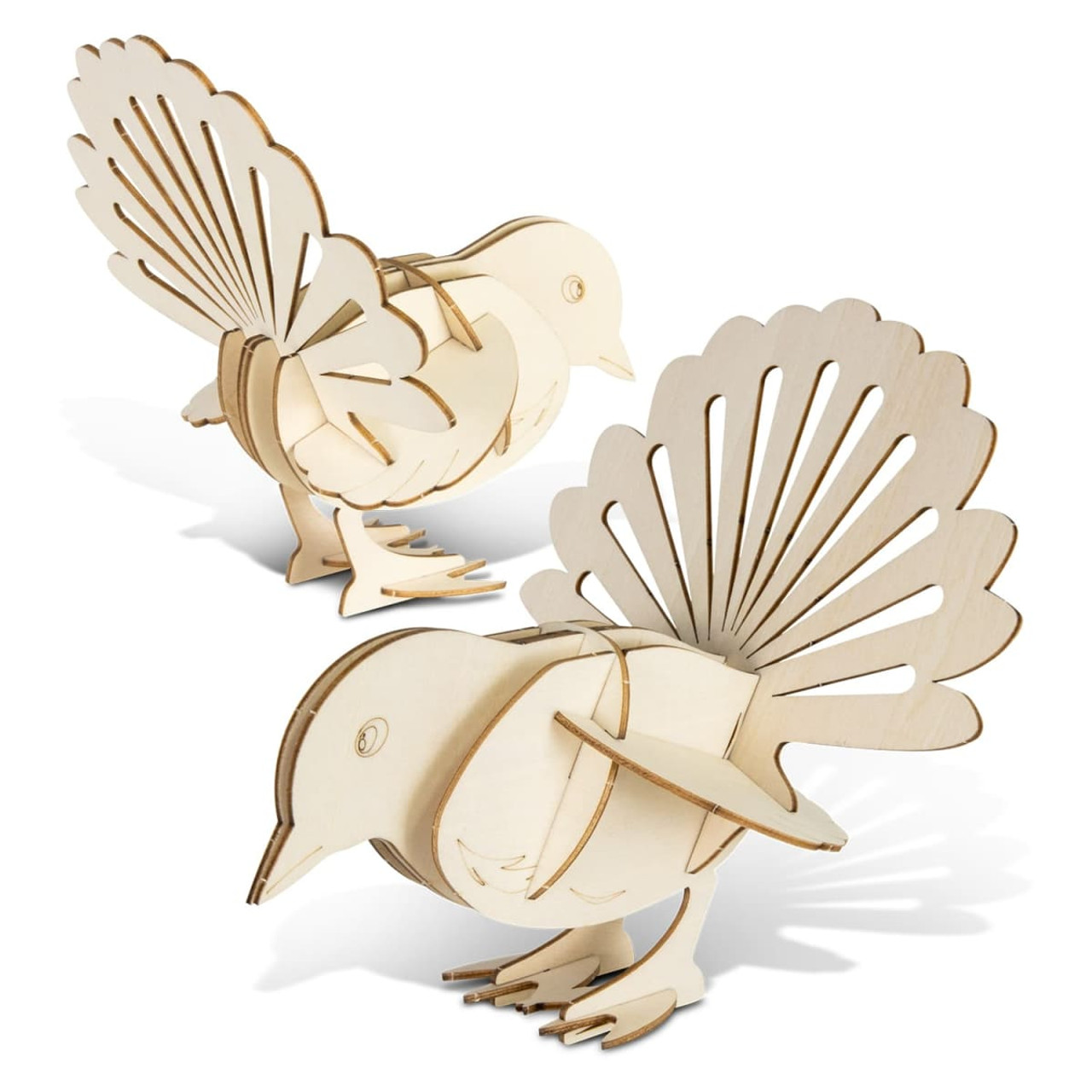 A wooden model of a fantail bird in natural colour, featuring intricate cut-out detailing and a three-dimensional design.