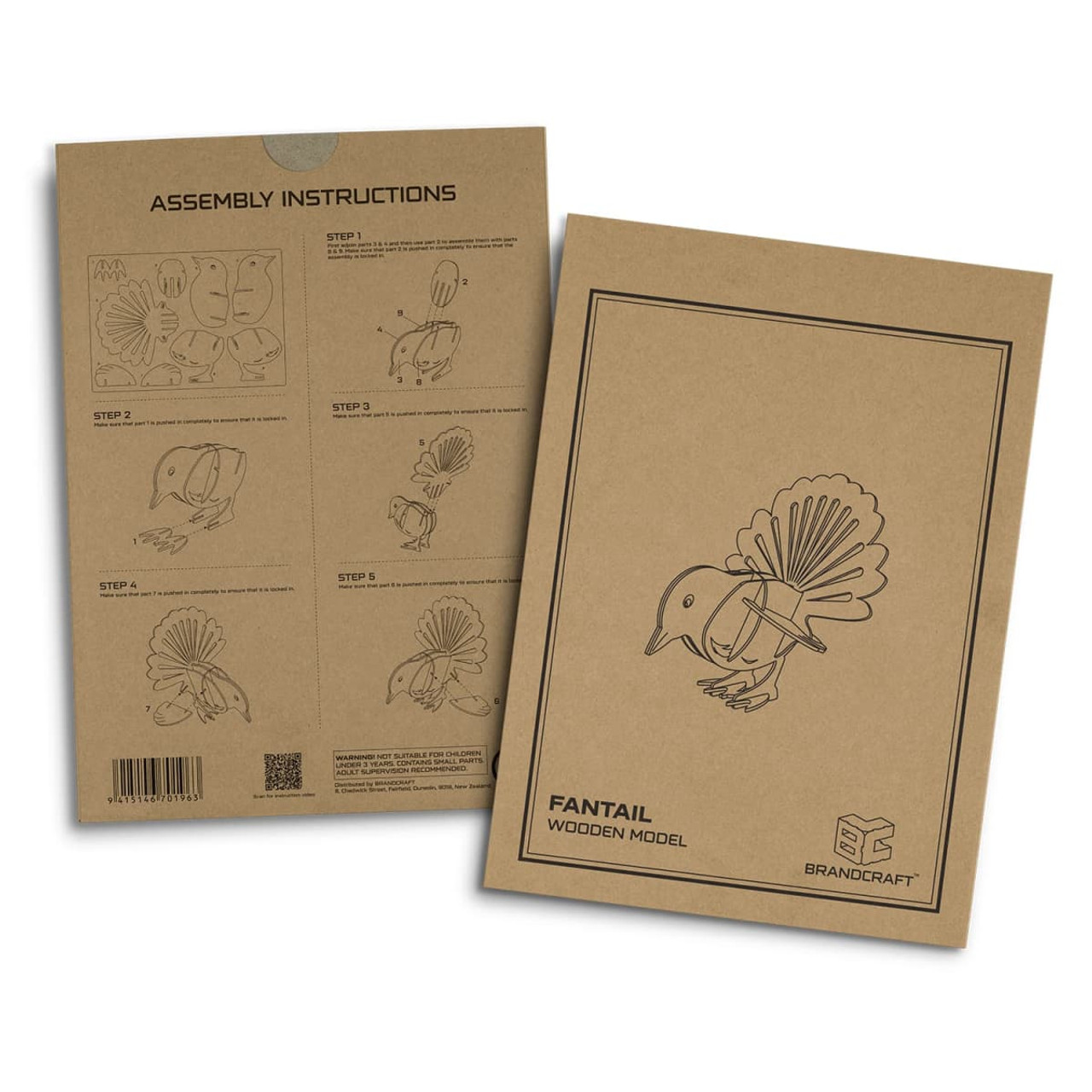 A brown cardboard package featuring assembly instructions and illustrations for a Fantail wooden model.