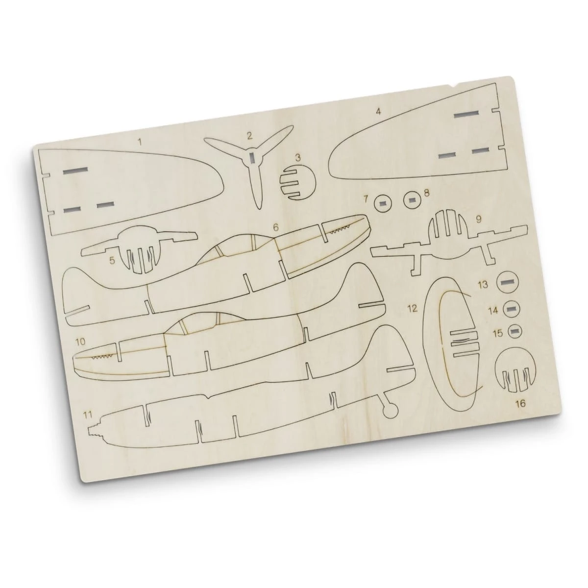 A wooden model kit of the Spitfire aircraft featuring various pre-cut parts in light beige. Includes a logo.