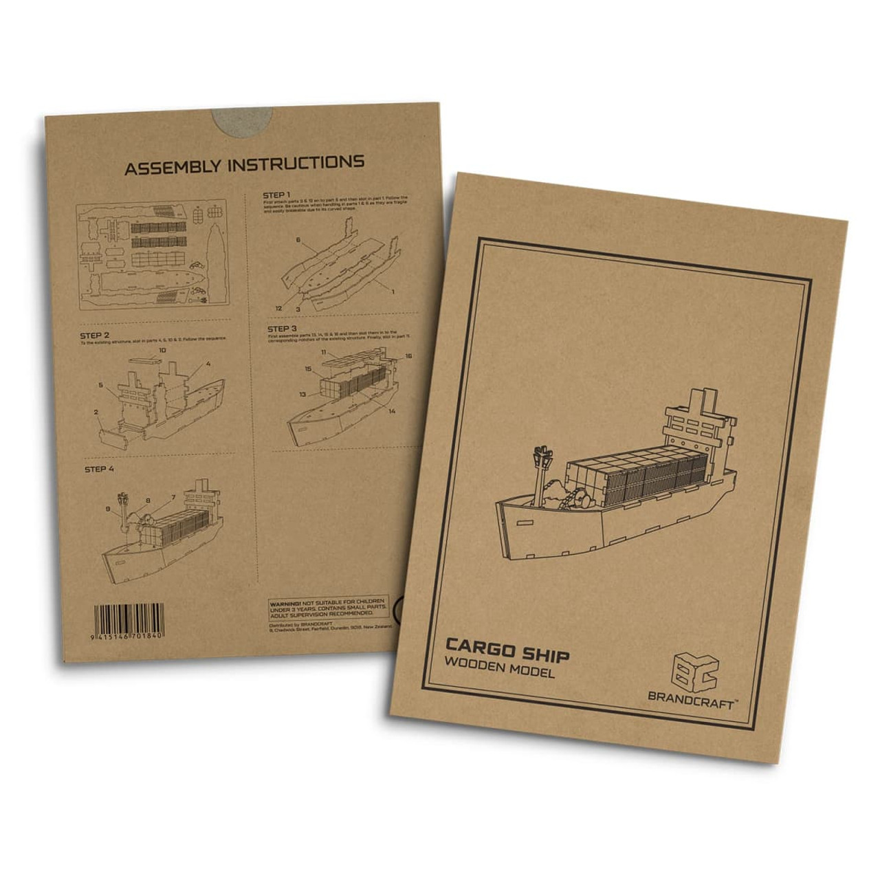 A cardboard package featuring assembly instructions for a wooden cargo ship model, with illustrations and a logo.