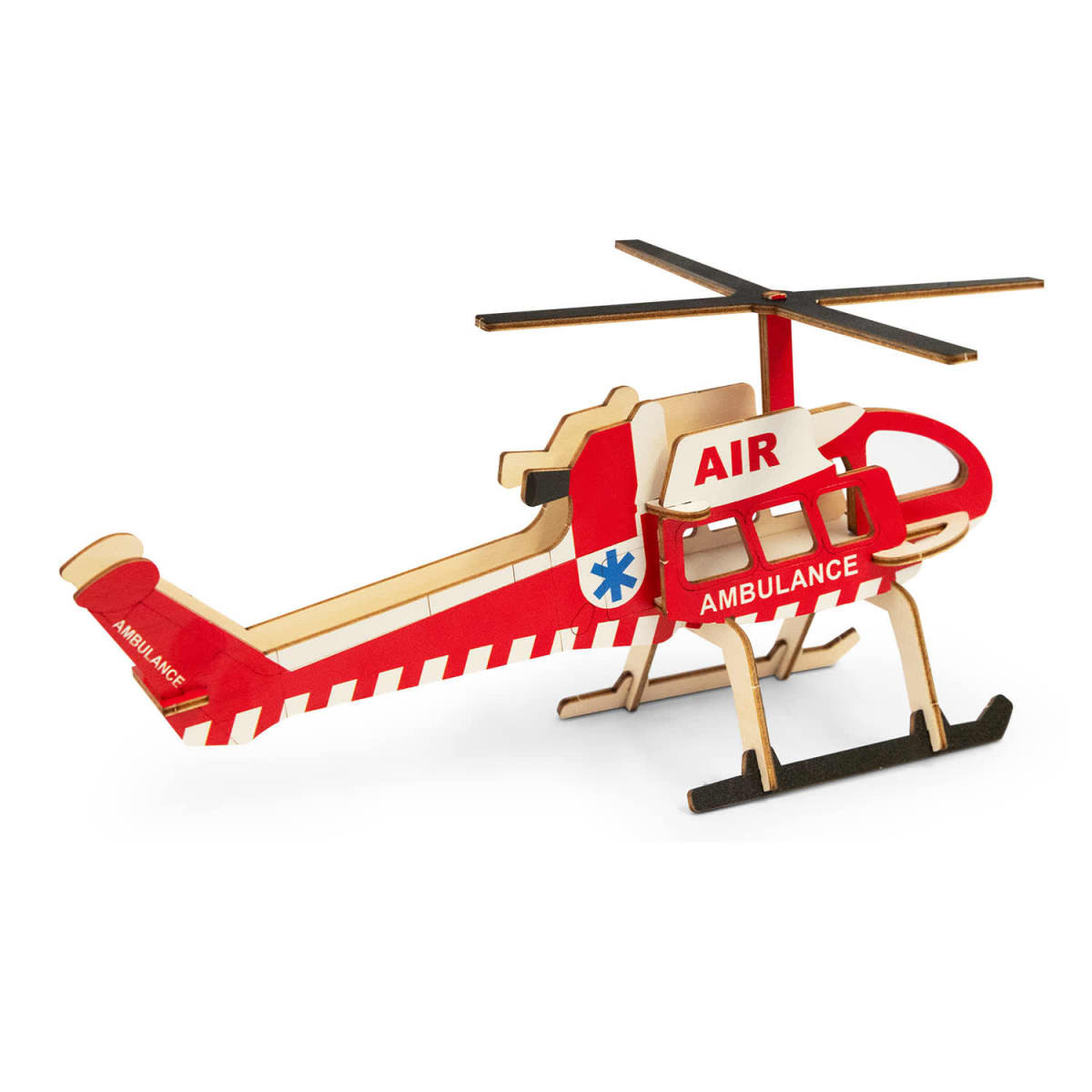 A wooden model of a red and white helicopter with ‘AMBULANCE’ text, featuring a logo and detailed design elements.