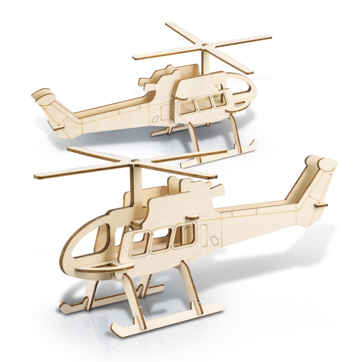 A wooden helicopter model in light brown, featuring detailed design elements and two different positions.