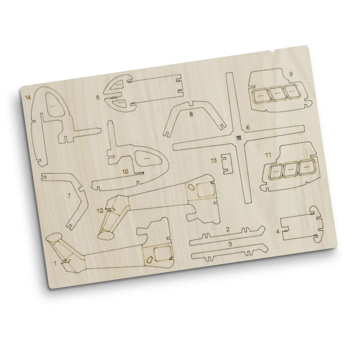 A wooden model helicopter kit featuring various laser-cut pieces in natural wood colour. Includes detailed outlines for assembly.