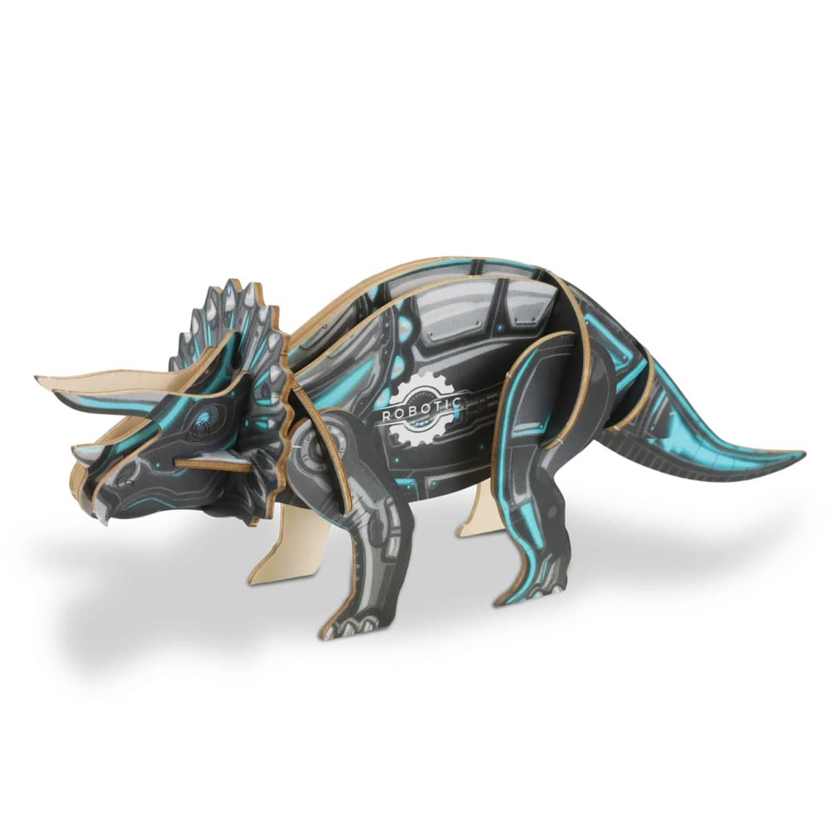 A triceratops wooden model in black and blue, featuring exposed mechanical details and a logo.