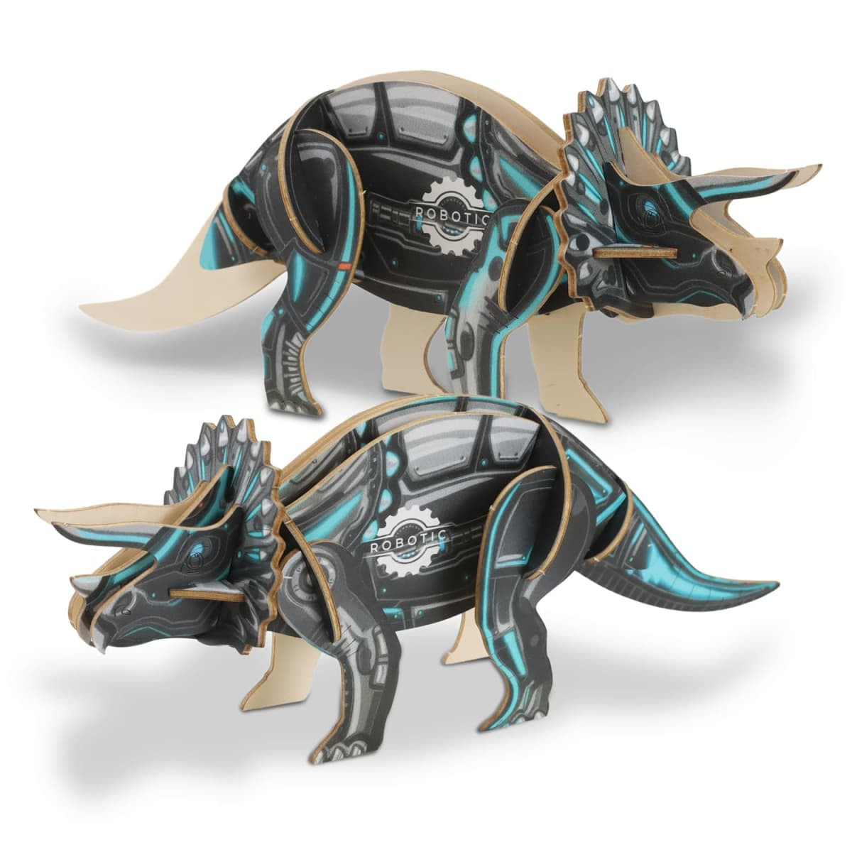 A wooden model of a Triceratops in black and blue, featuring robotic design elements and an embedded logo.