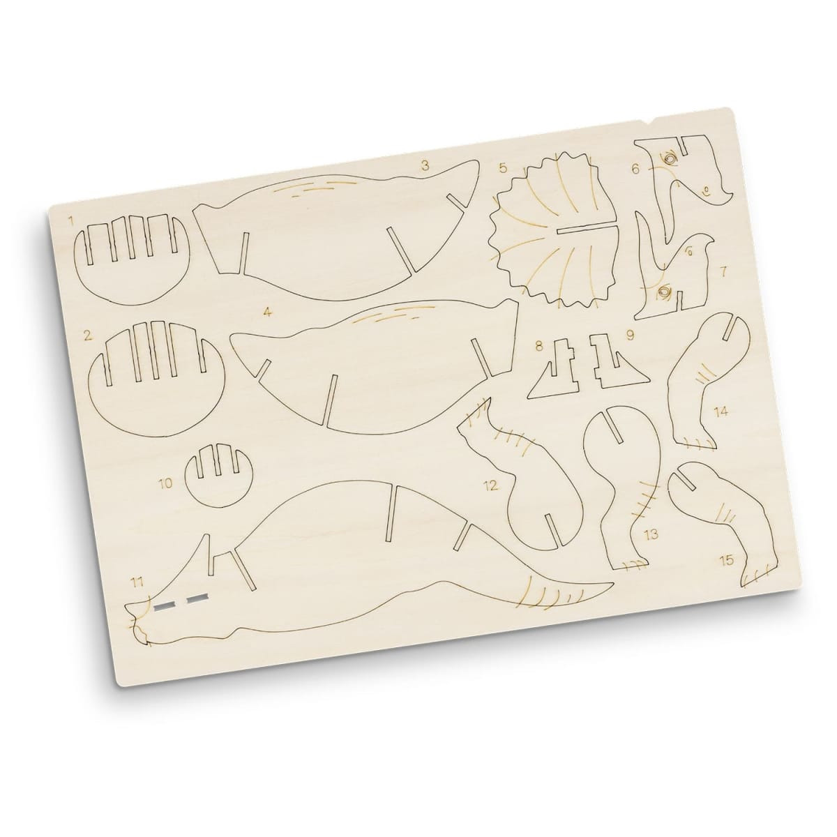 A wooden model kit featuring intricately cut pieces to assemble a triceratops, showcasing a natural light wood colour.