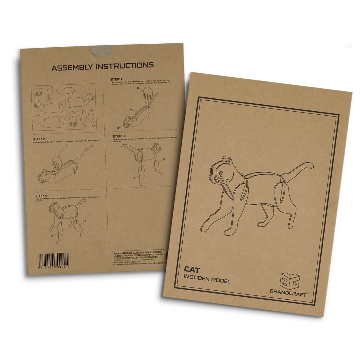 A brown cardboard sheet featuring assembly instructions for a wooden cat model, with line drawings illustrating the steps.