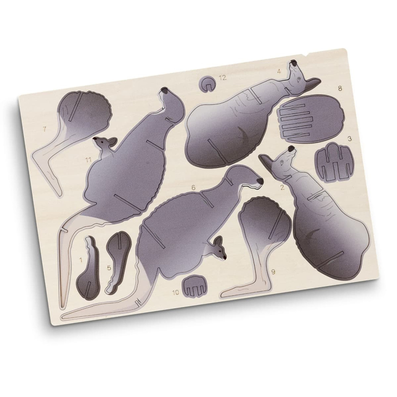 A wooden model kit featuring various kangaroo shapes ready for assembly, displaying grey and natural wood colours. A wooden model kit featuring various kangaroo shapes ready for assembly, displaying grey and natural wood colours.