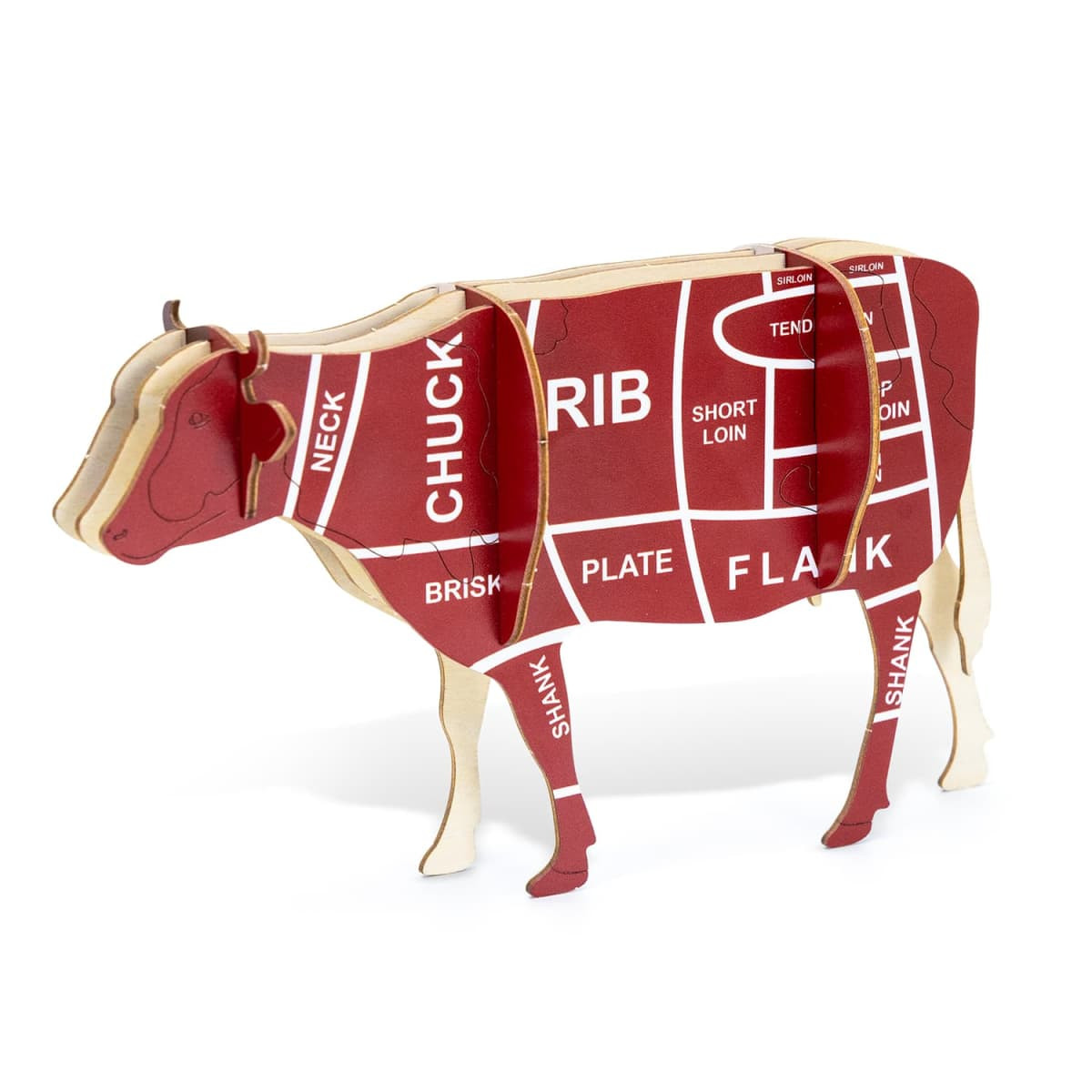 A wooden model of a cow in red and natural wood, featuring detailed sections labelled with meat cuts.