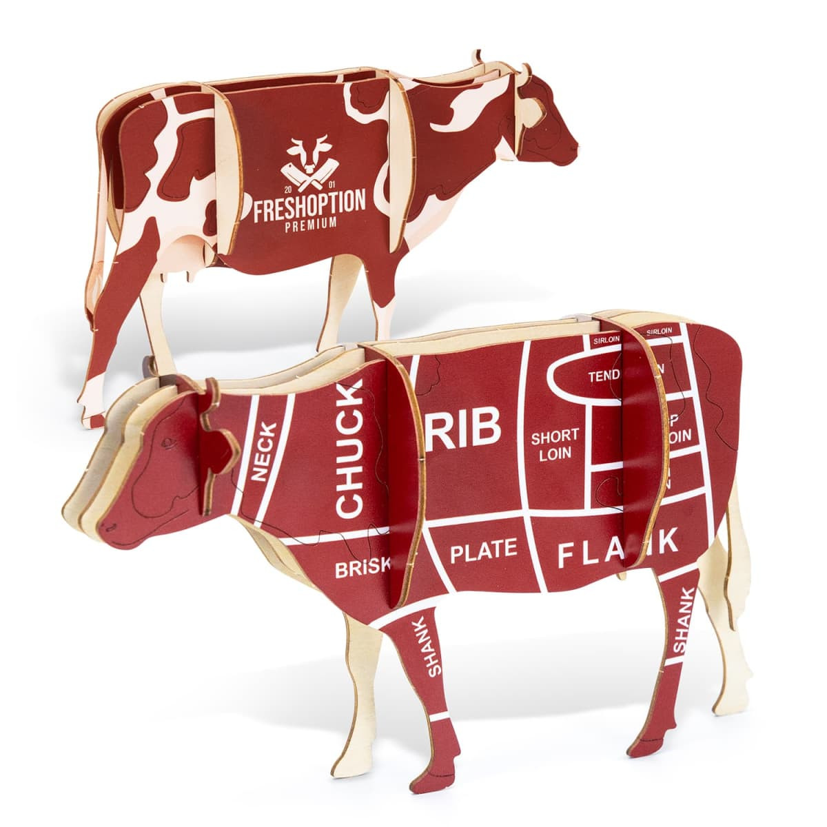 A wooden model of a cow in red and white, featuring cutout sections labelled with meat cuts. Includes branding.