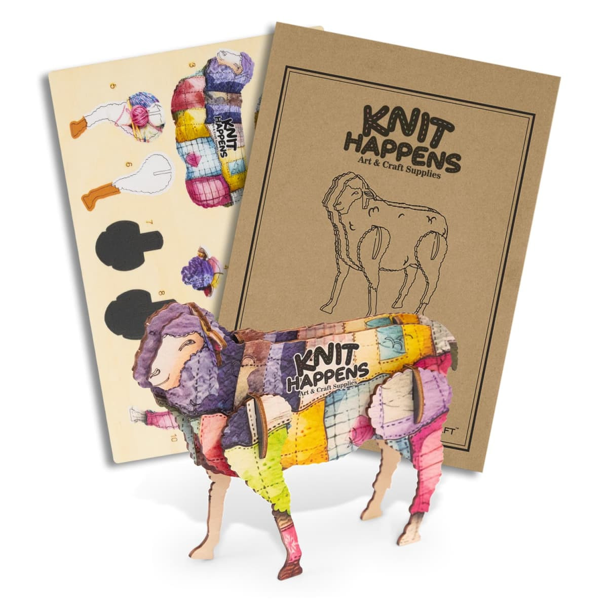 A colourful wooden model of a sheep, accompanied by craft templates and a brown packaging sheet. Includes a logo.