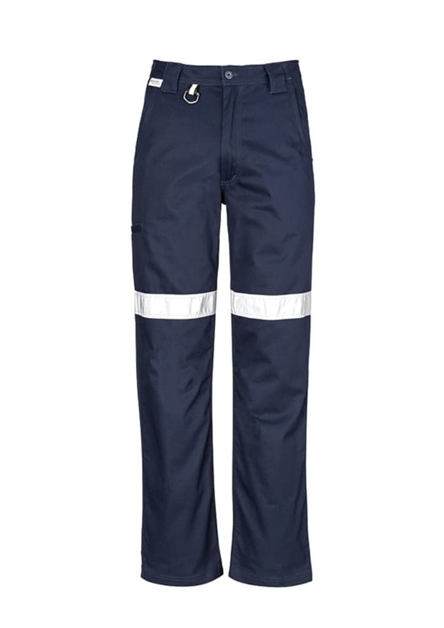 Men's taped utility pant in navy, featuring reflective strips and a utility loop. Designed for workwear.