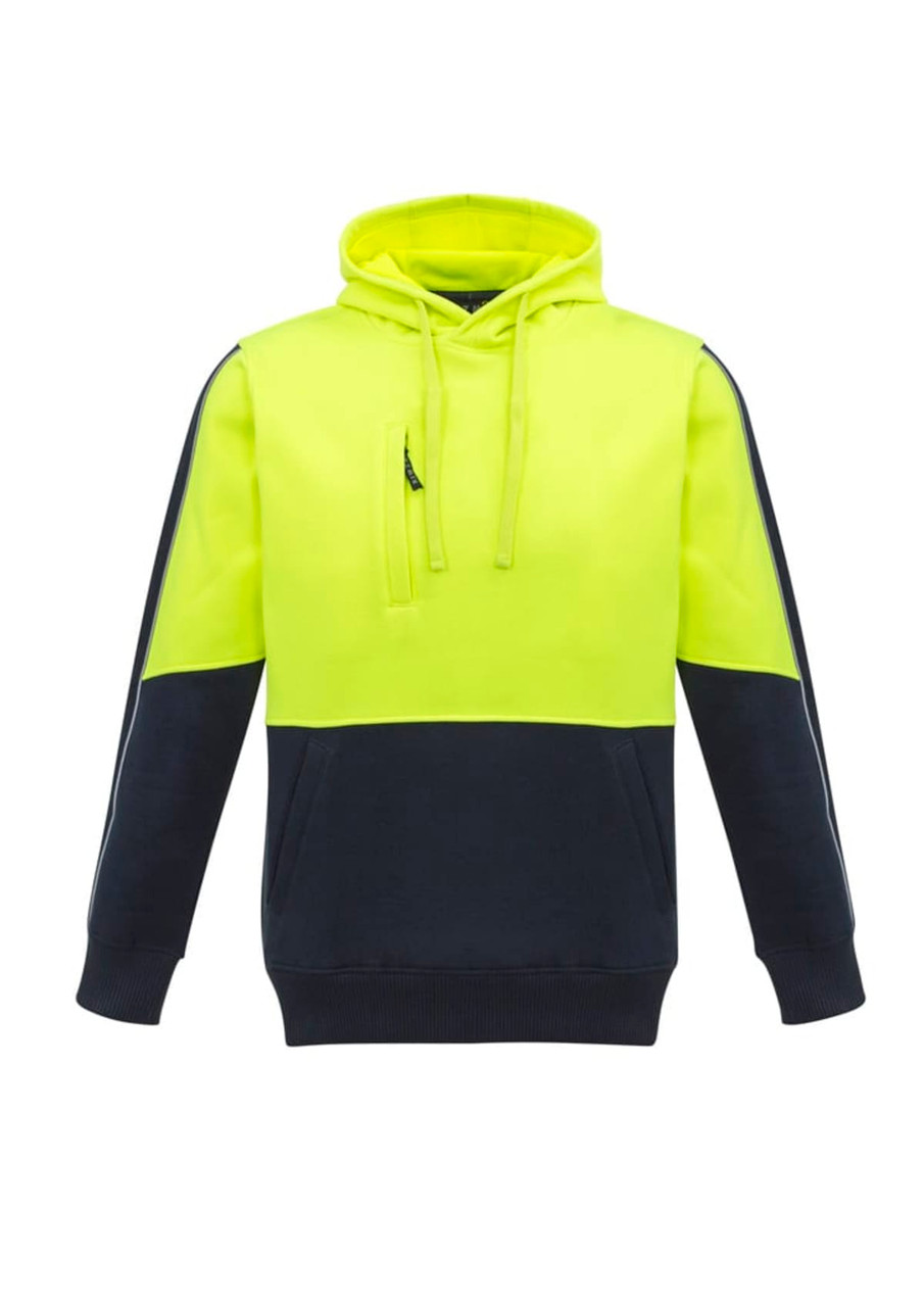 A unisex hi-vis pullover hoodie in bright yellow and navy, featuring a logo on the front.
