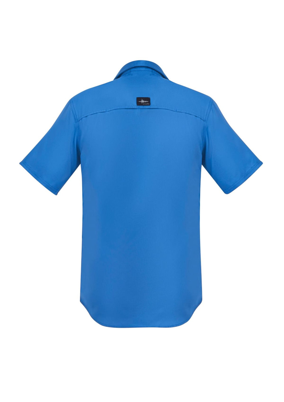 A blue men's outdoor short sleeve button-up shirt with a logo on the back.