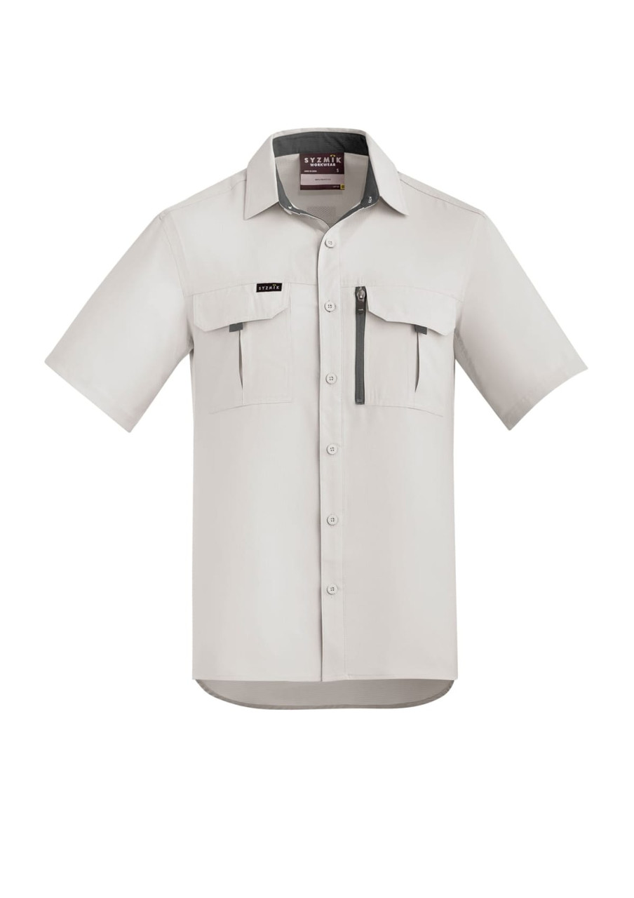 A light grey short sleeve button-up shirt with two front pockets and a zippered pocket. Features a logo.