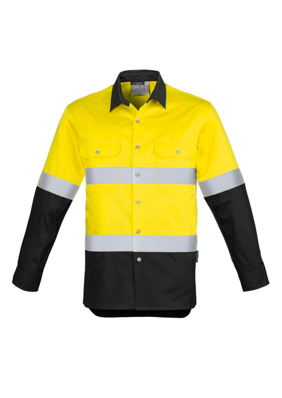A long sleeve work shirt featuring yellow and black colours with reflective hoop tape accents and a logo.