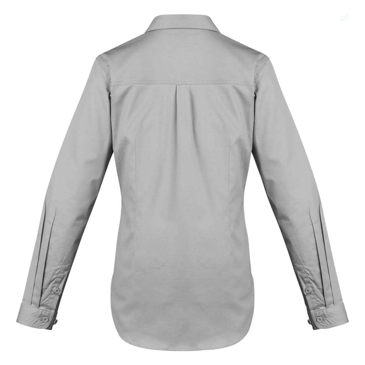 A grey women's lightweight long sleeve work shirt with a collar and buttoned cuffs. It features a logo on the back.
