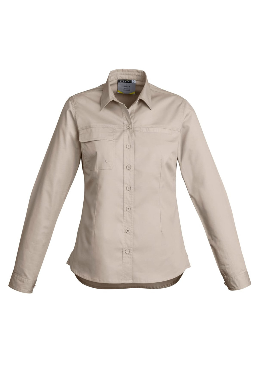 A Women's lightweight long sleeve shirt in beige with a collar and button-up front, featuring a pocket and branding.